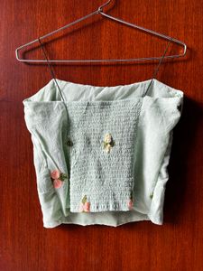 Cute Mint Green Crop Top with Floral Embroidery