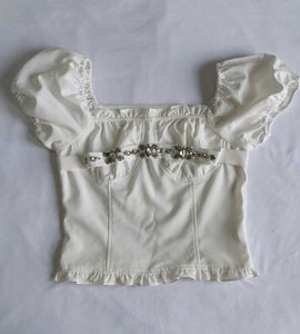 White square neck puff crop top with rhinestones🪞