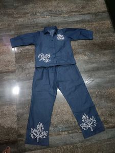 Denim Kurta Set with Leaf Print