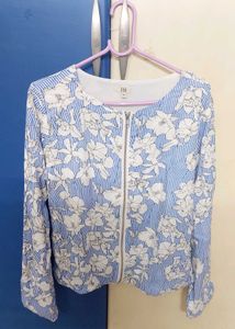 White and blue zippered crop jacket,Anita Dongre