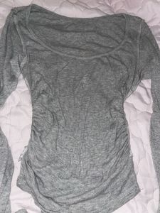 Grey Long Sleeve Ruched T-Shirt