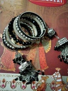 Chic Black & Silver Bangle Set with Jhumkas