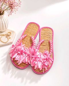 🎀 Herbal Boho Luxe Raffia Slides - PINK 💗