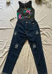 Stylish Ripped Jeans & Floral Top Set