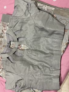 Saree With Grey Silver Tone And Stitched Blouse