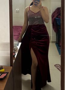 Stunning Burgundy Velvet Slit Gown