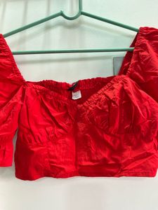 H&amp;M Chic Red Puff Sleeve Crop Top