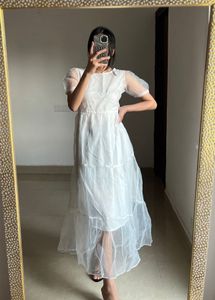 Sheer White Puff Sleeve Tiered Midi Dress