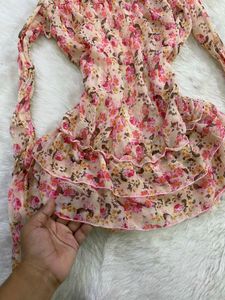 Pink Floral Print Off-Shoulder Tiered Ruffle Top