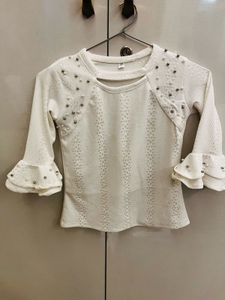 White Beaded Bell Sleeve Top