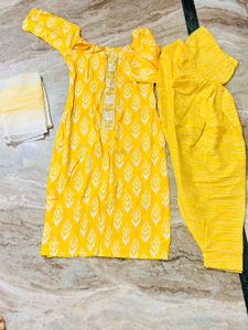 Bright Yellow Printed Kurta Set with Dupatta
