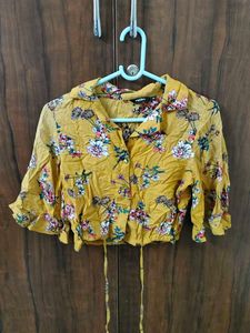 Yellow Floral Tie-Front Crop Top