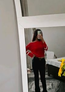 Red Off-Shoulder Striped Sleeve Top