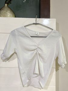 White Ruched V-Neck Top