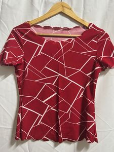 Red Abstract Print Scalloped Top