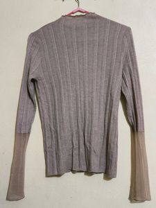 Stylish Ribbed Mock Neck Top with Sheer Bell Sleev