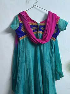 Teal &amp; Pink Embroidered Anarkali Set