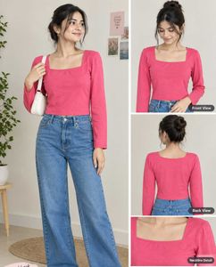 Chic Pink Square Neck Long Sleeve tank Top