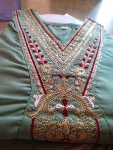 Green Embroidered Kurta Set with maroon dupatta
