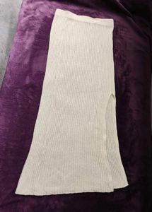 Cream Ribbed Knit Midi Skirt with Slit