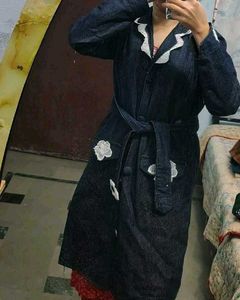 Denim Trench Coat with Lace Trim
