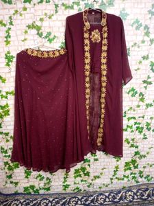 Maroon Dress Set with Gold Embellishments
