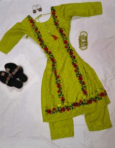 Bright Lime Green Floral Embroidered Suit