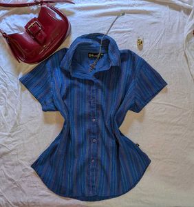 Blue Striped Crinkled Button-Up Top