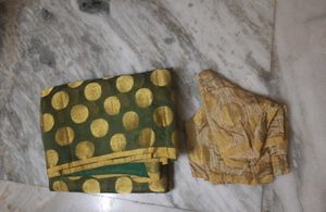 Olive Green Brocade Benarasi Saree With Blouse