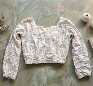 White Textured Cropped Long Sleeve Top