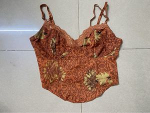 Vintage Floral Print Lace Trim Bra