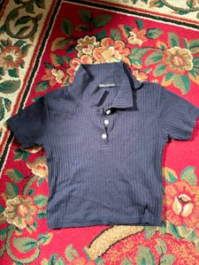 ZARA THRIFTED Navy Blue Ribbed Polo top