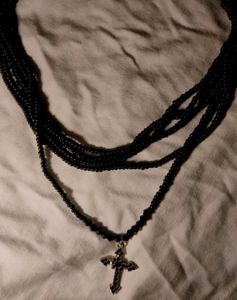 Black Beaded Necklace with Cross Pendant