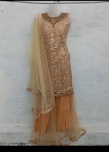 bust 40 Elegant Beige Net Embroidered Suit