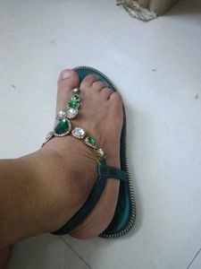 Embellished Emerald Green Flat Sandals