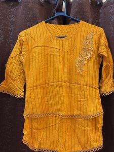 Yellow Striped Kurta with Lace