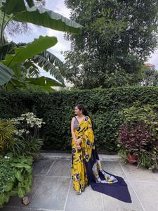 Yellow &amp; Navy Tie-Dye Saree