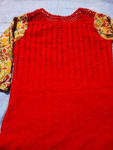 Vibrant Red Kurta with Floral Sleeves
