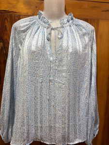 Blue Floral Print Tie Neck Top