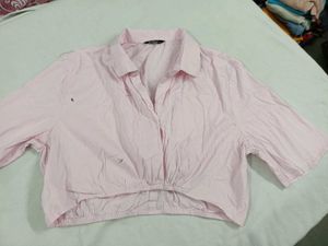Pink Cropped Collared Shirt