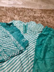 Teal &amp; White Striped Kurta Set (women's)