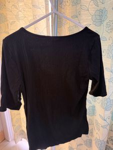 Black Ribbed Button-Up Top