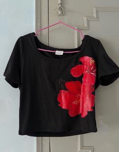 Black Crop Top with Red Flower Print
