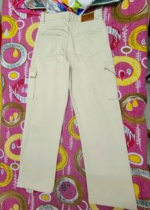 Beige Wide Leg Cargo Jeans For Women