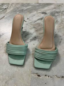Stylish Mint Green Square Toe Heeled Sandals