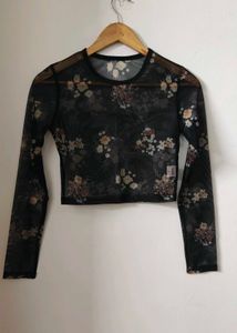 Sheer Floral Long Sleeve Crop Top