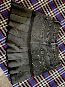 Dark Wash Pleated Denim Mini Skirt