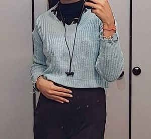 Chic Blue Distressed Knit Sweater