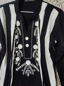 Black &amp; White Embroidered Woollen Kurti