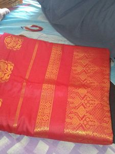 Vibrant Red Saree with Gold Zari Work